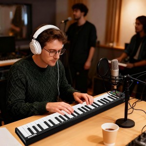 49-Key USB MIDI Keyboard Controller with 8 Drum Pads, OLED Display & DAW Integration for Professional Music Production, Black - 1 of 4