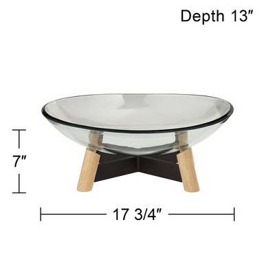 Clear Tempered Glass Decorative Bowl with Iron Base and Pine Wood Legs