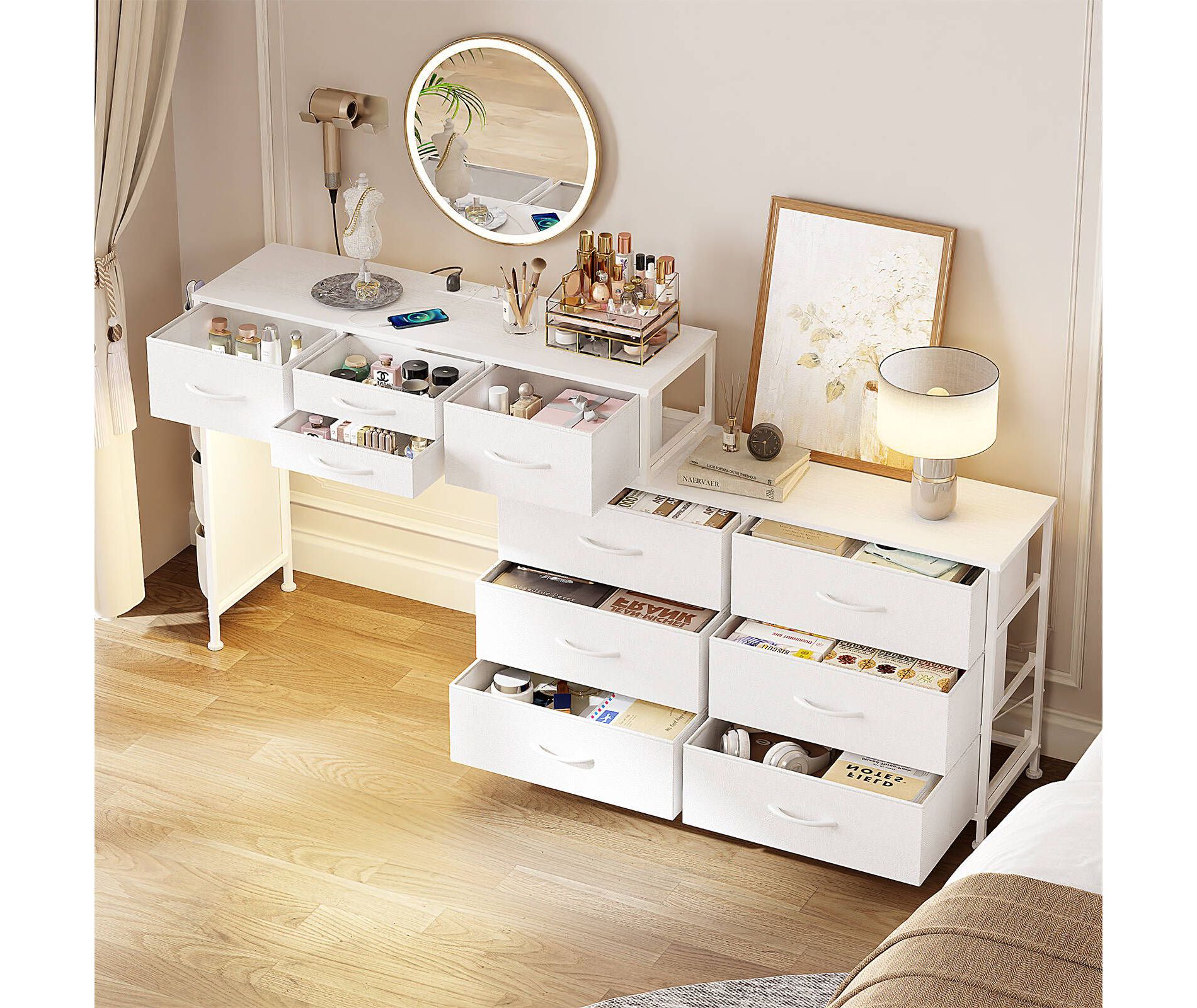 WOWLIVE Dresser for Bedroom with Charging Station and LED Light, Rotatable Vanity Desk with Fabric Drawers and Side Pockets