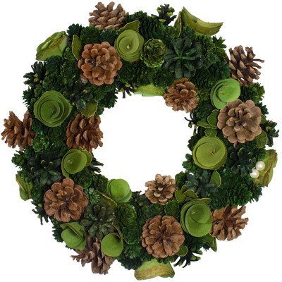 Northlight Green Wooden Rose and Pine Cone Artificial Christmas Wreath, 13.5-Inch, Unlit