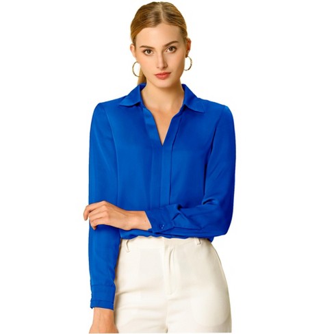 Allegra K Women's Elegant V Neck Long Sleeve Office Work Satin Blouse Royal  Blue X-Small