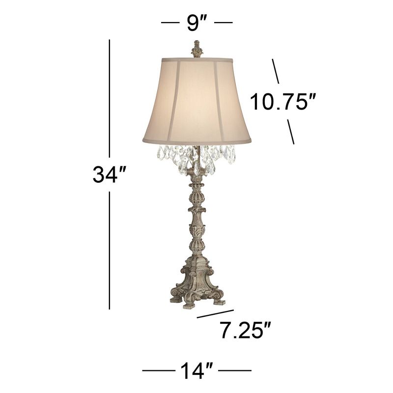Barnes and Ivy Duval Traditional Table Lamp 34" Tall Distressed Antique White Candlestick Crystal Beige Fabric Bell Shade for Bedroom Living Room Home, 4 of 10