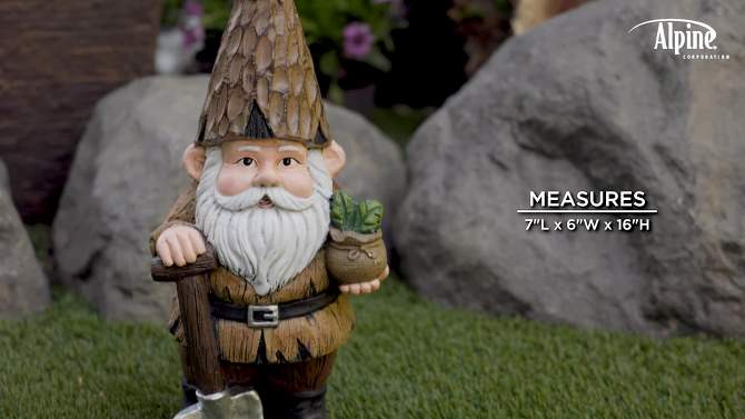 16&#34; Magnesium Oxide Indoor/Outdoor Garden Gnome with Shovel and Plant Statue Brown - Alpine Corporation, 2 of 6, play video