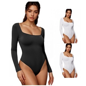 INSPIRE CHIC 3 Packs Women's Long Sleeve Bodysuit Slim Fit Square Neck Tummy Control Brief Leotard - 1 of 4