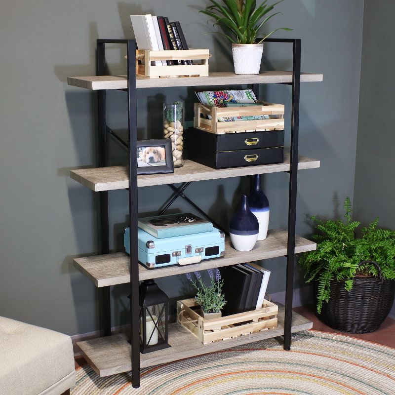 Sunnydaze 4 Shelf Industrial Style Freestanding Etagere Bookshelf with Wood Veneer Shelves - Oak Gray Veneer, 6 of 10