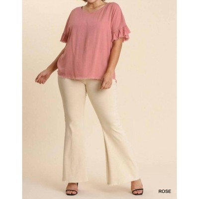 Women's Linen Blend Round Neck Ruffle Sleeves Top - umgee
