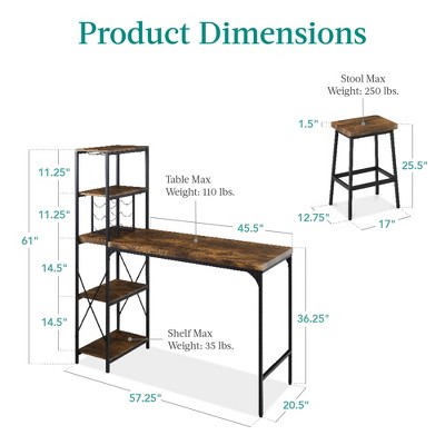 Brown Engineered Wood and Metal 3-Piece Bar Height Dining Set with Shelves