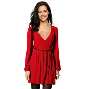 Coolmee Women's Dresses Wrap V-Neck Casual Ruffle Long Sleeve A-Line Mini Dress - 1 of 4