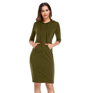 Women's 3/4 Sleeve Hooded Sweatshirt Dress, Pullover Bodycon Midi Dress with Pockets - 1 of 3