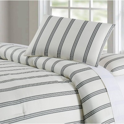 Ivory and Black Striped Microfiber Queen Comforter Set