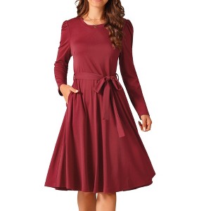 Seta T Women's Puff Long Sleeve Crewneck Knee Length Tie Waist Casual Dress with Pockets - 1 of 4