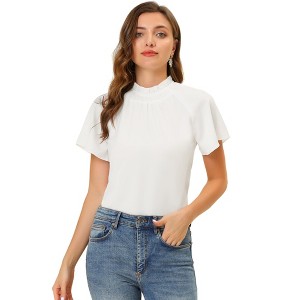 Allegra K Women's Short Sleeve Casual Business Pleated Mock Neck Tops - 1 of 4