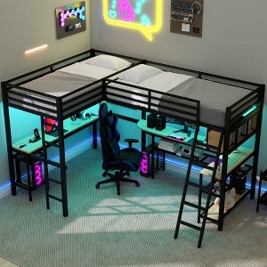Whisen Twin Metal L-Shaped Loft Bed with Storage Shelves, 2 Built-in Desks - Black - 1 of 4