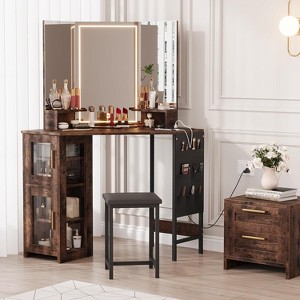 Corner Vanity Desk and Stool,Corner Makeup Vanity with LED Lighted Mirror - 1 of 4