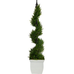 Nearly Natural 4-ft Cypress Spiral Topiary Artificial Tree in White Metal Planter - 1 of 4