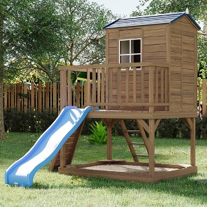 Brown 2-Story Outdoor Playhouse with Slide & Sandbox ¨C Elevated Cedar Wooden Kids Playhouse (1-Pack) - 1 of 4