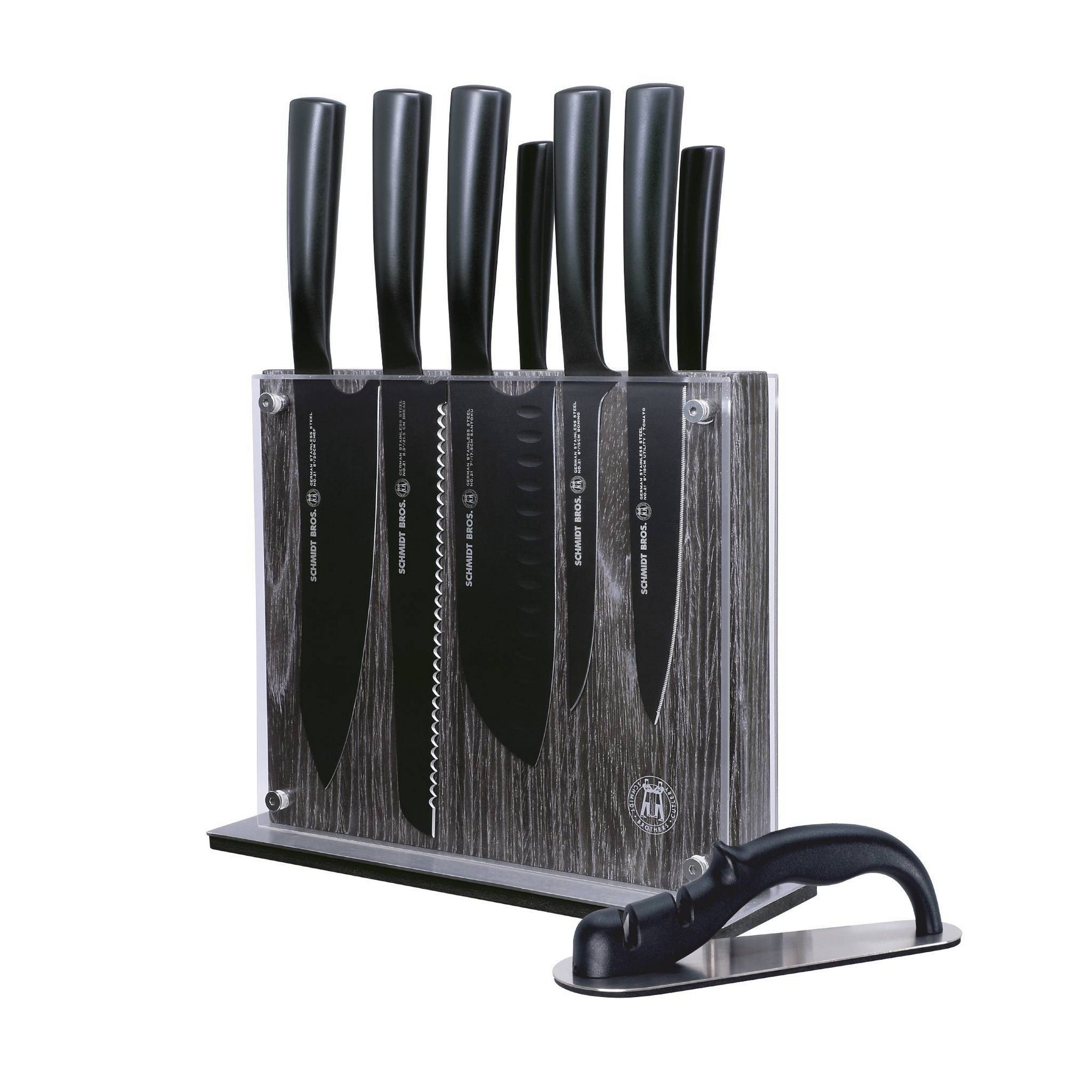 Schmidt Bros Cutlery 9pc Jet Black Series Knife Block Set: Stainless Steel Blades & Handles, Includes Sharpener