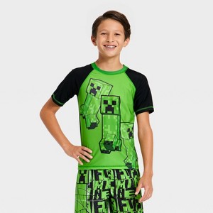 Boys' Minecraft Rash Guard Top - Green - 1 of 3