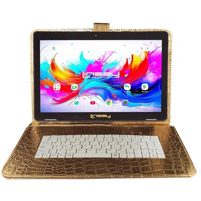 LINSAY® 10.1" Octa Core  256GB Storage Android 15 Tablet Dual Camera Android with Golden Keyboard