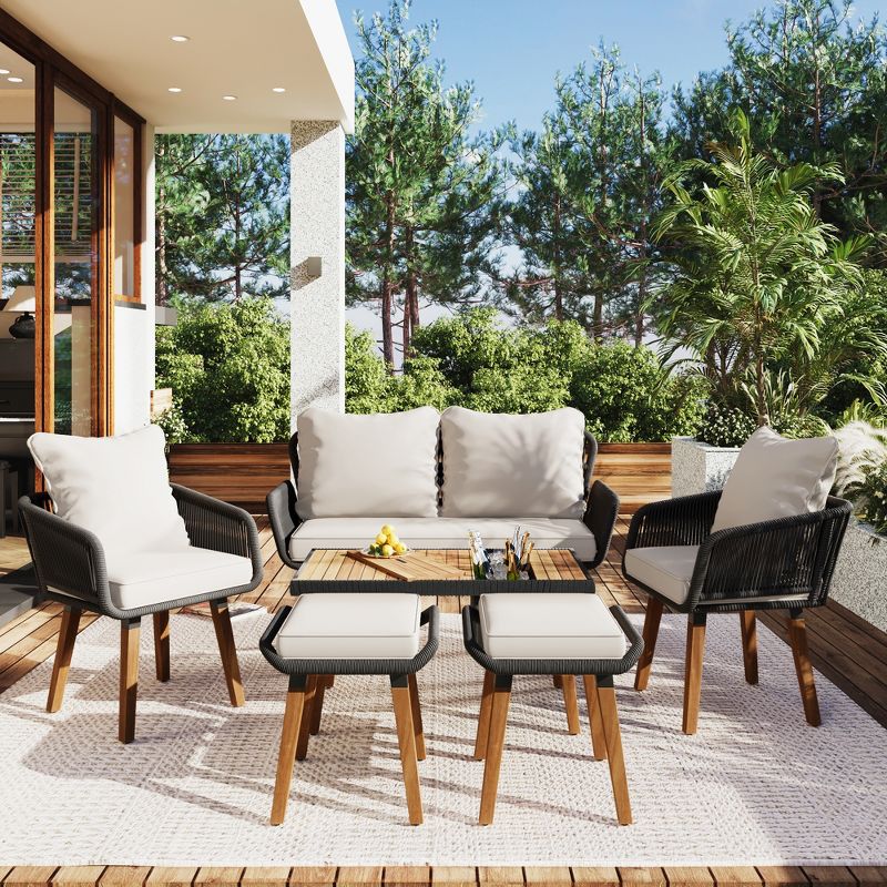 6-Piece Rope Patio Conversation Set with 2 Stools, Outdoor Furniture with Acacia Wood Bar Table with Ice Bucket 4A - ModernLuxe, 2 of 15