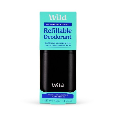 Wild Cosmetics - Refillable Black Case with Fresh Cotton & Sea Salt - Aluminum Free Deodorant - Starter Pack - 5.29oz