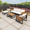 4 PCS Outdoor Sofa Set, Industrial Style Sofa Set with Table and Ottoman, Acacia Wood Sofa with Metal Frame and Polyester Cushion-Coolbibila - 3 of 4