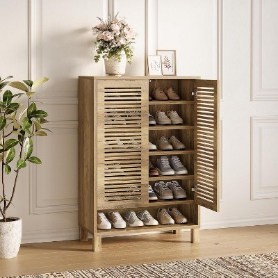 Tribesigns Free-Standing Shoe Cabinet, Narrow Farmhouse Entryway Furniture, Wooden Space-Saving Organizer with 6 Shelves, Natural Oak Color