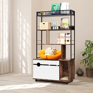 2-in-1 Hidden Cat Litter Box Enclosure with 4-Tier Storage Shelves & Scratching Post - Large Wooden Litter Cabinet (Brown) - 1 of 4
