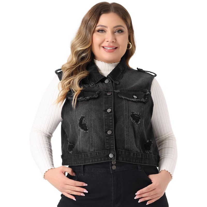 Agnes Orinda Women's Plus Size Sleeveless Chest Pockets Button-Up Denim Vests, 2 of 6