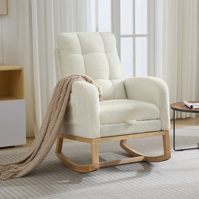 Nursery Rocking Chair - Linen/Teddy Upholstered Glider Rocker with Side Pocket, Footrest, High Back Nursing Chair, Modern Accent Armchair