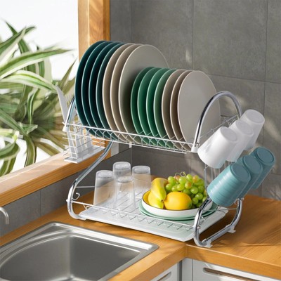 LunaLulinlk Kitchen Stainless Steel Dish Cup Drying Rack Holder 2-Tier Dish Rack Sink Drainer