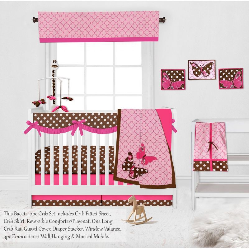 Bacati - Buttefly Pink Chocolate 10 pc Crib Bedding Set with Long Rail Guard Cover, 5 of 12