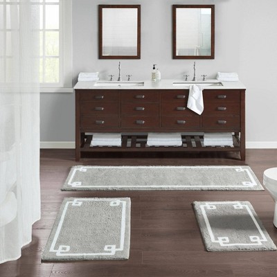 Gray Cotton Tufted Bath Rug with White Border, 20" x 30"