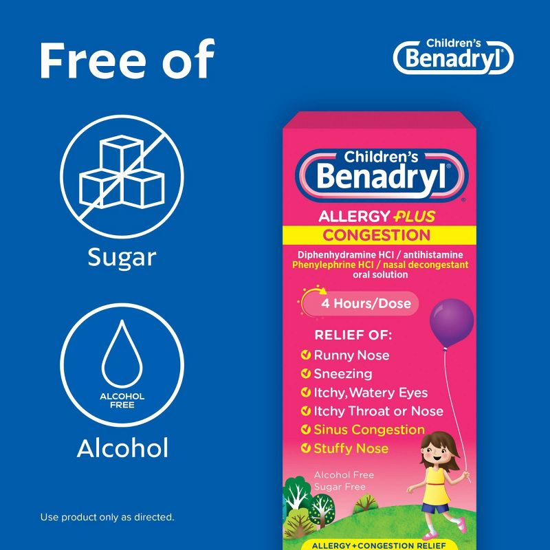 Children&#39;s Benadryl Diphenhydramine Allergy Plus Congestion Relief Liquid - Grape - 4 fl oz, 4 of 10
