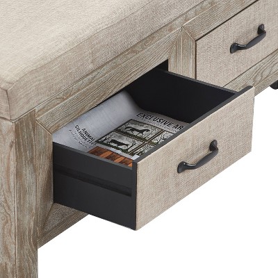 Weathered Ash Cottage-Inspired Upholstered Storage Bench with Black Metal Accents