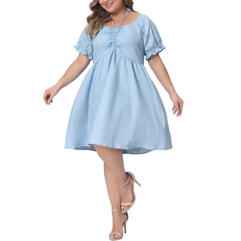 Agnes Orinda Women s Plus Size Sweetheart Neck Self Tie Front Puff Sleeve Back Elastic A Line Dresses Light Blue 4X