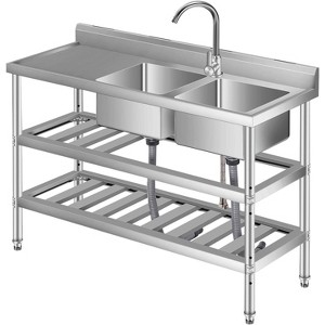 Commercial Double Bowl Stainless Steel Utility Sink - Heavy-Duty Workstation with Hot/Cold Faucet (30"/33"/47") - 1 of 4