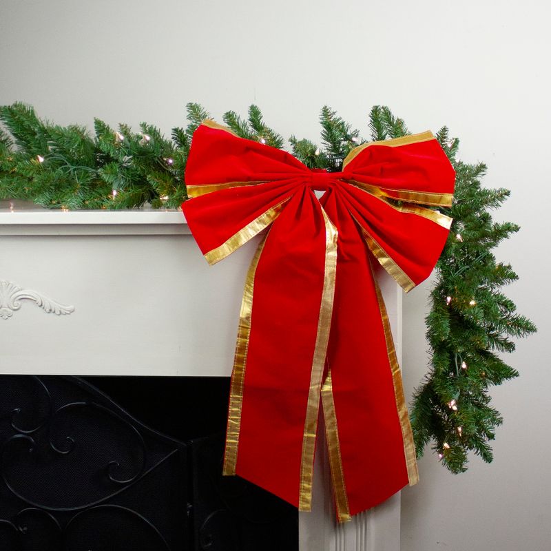Northlight 18" x 30" Red 4-Loop Velveteen Christmas Bow with Gold Trim, 2 of 4