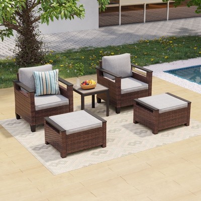 Sonkuki 5 Pieces PE Rattan Patio Chairs & Side Table, Patio Furniture with Cushion, Ottomans for Lawn, Sand