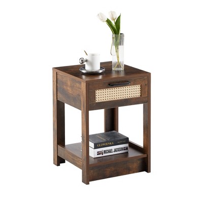 Vynxaria Rattan End Table with Drawer ¨C Modern Nightstand/Side Table for Living Room, Bedroom & Office, Natural Design