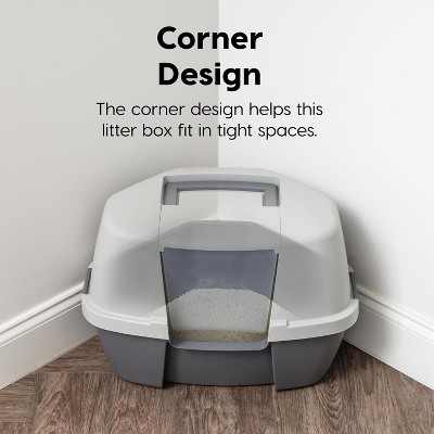 Large Dark Gray Plastic Hooded Corner Cat Litter Box with Scoop
