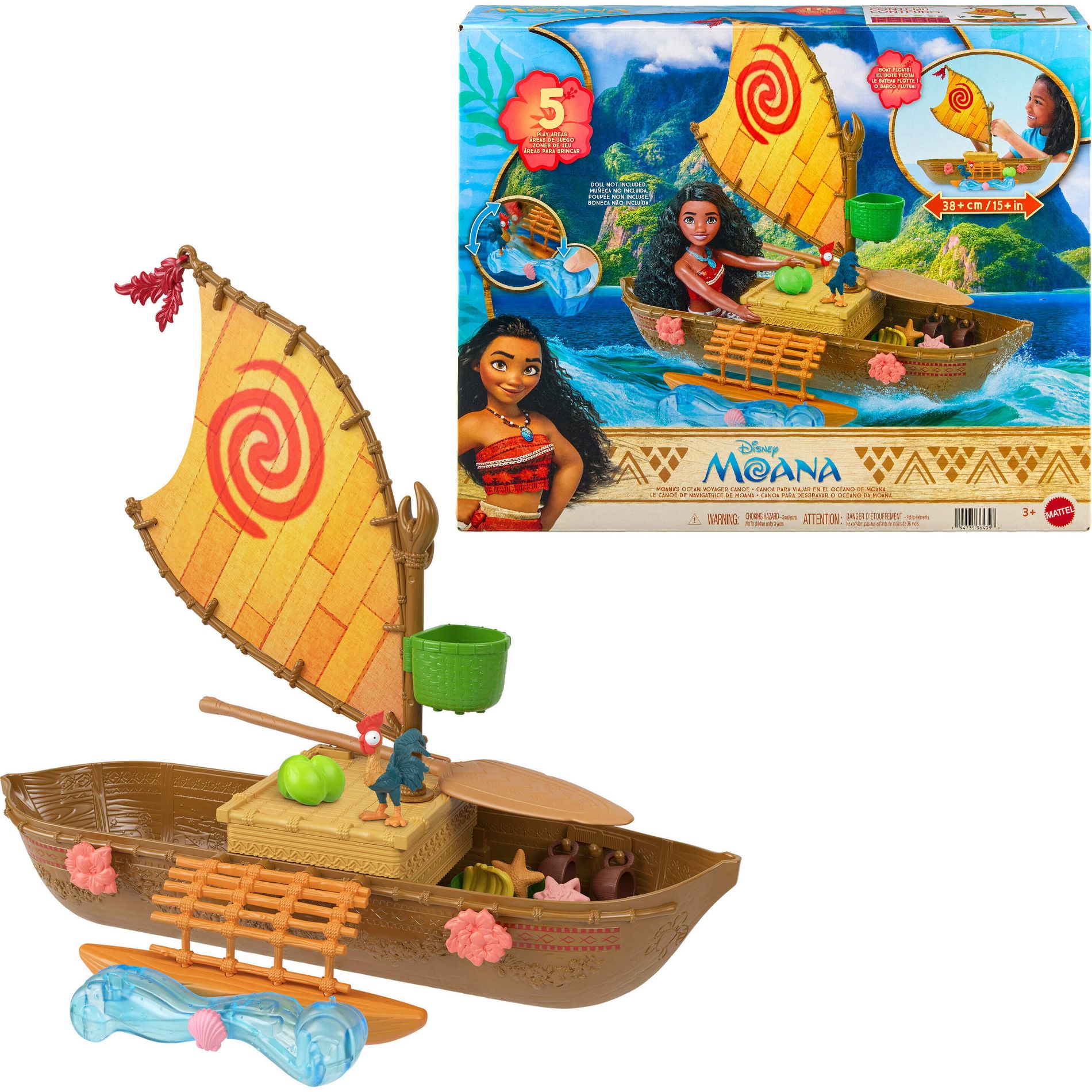 Disney Moana Floating Ocean Voyager Canoe Playset with 5 Play Areas, 9 Accessories & Animal Figure