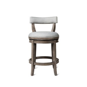 HomeRoots 26" Gray and Oak Fabric and Solid Wood Low Back Counter Height Swivel Bar Chair - 1 of 4