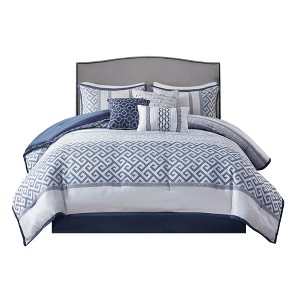 Gulches Series Navy Blue Updated Traditional Style Poly Jacquard with Polyester Fill Cal King 7 Piece Jacquard Comforter Set Blanket - 1 of 4