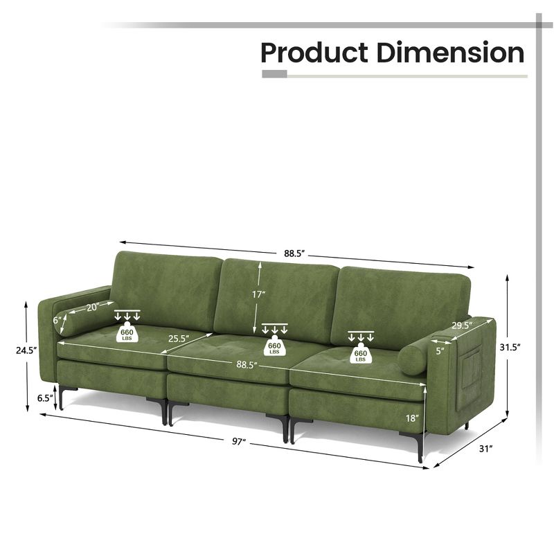 Costway Modern Modular 3-Seat Sofa Couch w/ Side Storage Pocket & Metal Legs Army Green, 4 of 11