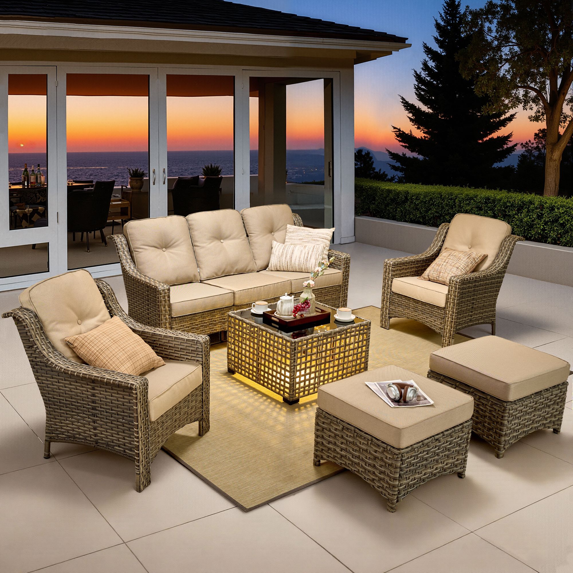 HOMLUX 6 PCS Patio Wicker Conversation Set 3-Seat Sofa with Cushion, Rattan Chairs, Ottomans, Coffee Table, Beige
