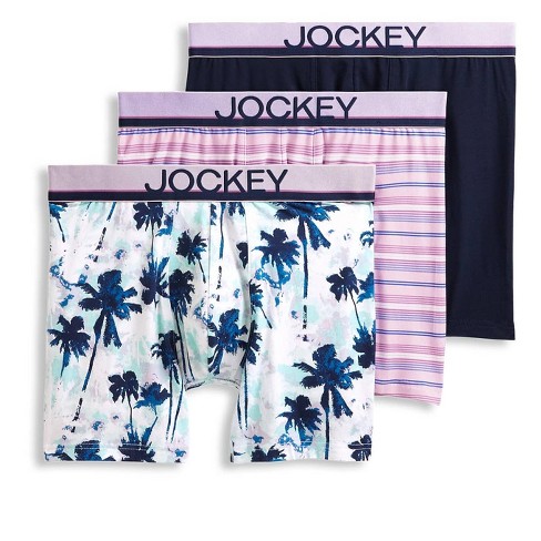 Jockey Men's Casual Cotton Stretch 6 Boxer Brief - 3 Pack L Teal Ocean  Palms/True Navy/Vacation Stripe