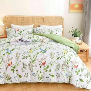 Queen Size Duvet Cover Set, Green Floral Print, 3pc Microfiber Bedding with Zip Ties - Modern Farmhouse Style - 1 of 4