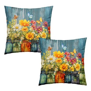 Daisy Vase Pillow Covers 18x18 Set of 2 Rustic Floral Sunflower Wood Board Decorative Throw Pillow Cases - 1 of 4