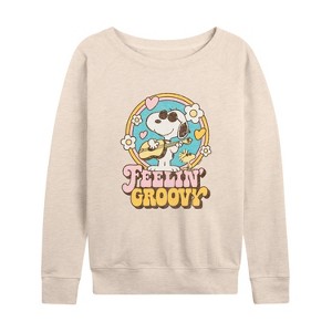 Women's - Peanuts - Feelin Groovy Snoopy And Woodstock Lightweight French Terry Wide Neck Long Sleeve Shirt - 1 of 4